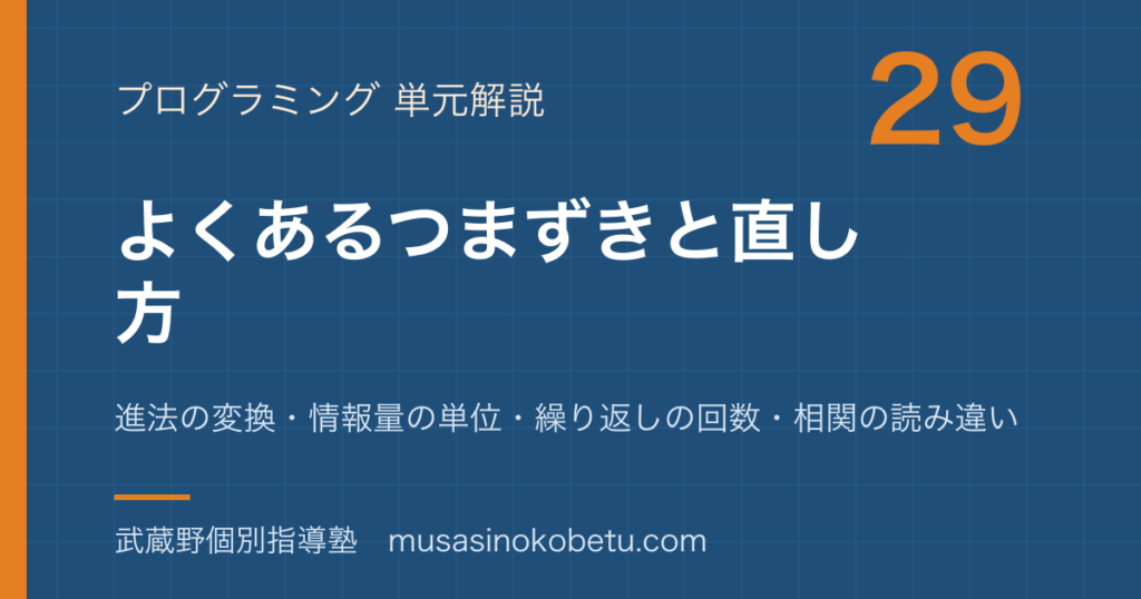 情報Iよくあるつまずきと直し方を図解で総まとめ進法の変換情報量の単位繰り返しの回数相関の読み違いのアイキャッチ | 武蔵野個別指導塾 【情報I】よくあるつまずきと直し方を図解で総まとめ—進法の変換・情報量の単位・繰り返しの回数・相関の読み違いのアイキャッチ 武蔵野個別指導塾