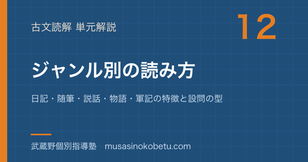 高校古文ジャンル別の読み方を図解で総まとめ日記随筆説話物語軍記の特徴と設問の型のアイキャッチ | 武蔵野個別指導塾 【高校古文】ジャンル別の読み方を図解で総まとめ—日記・随筆・説話・物語・軍記の特徴と設問の型のアイキャッチ 武蔵野個別指導塾
