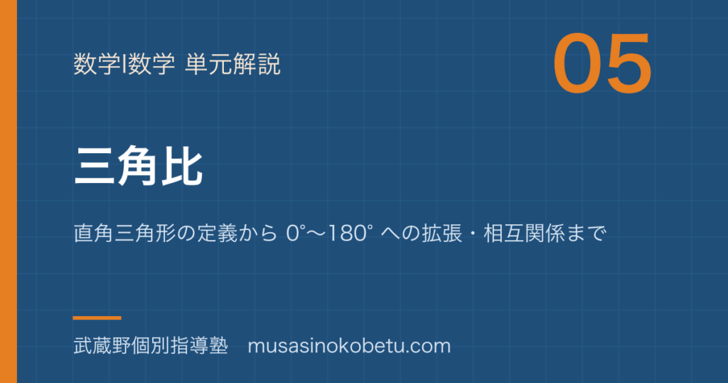 【数学I】三角比を図解で総まとめ—直角三角形の定義から 0°〜180° への拡張・相互関係までのアイキャッチ 武蔵野個別指導塾