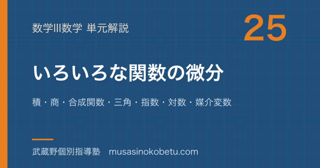 数学IIIいろいろな関数の微分を図解で総まとめ積商合成関数三角指数対数媒介変数のアイキャッチ | 武蔵野個別指導塾 【数学III】いろいろな関数の微分を図解で総まとめ—積・商・合成関数・三角・指数・対数・媒介変数のアイキャッチ 武蔵野個別指導塾