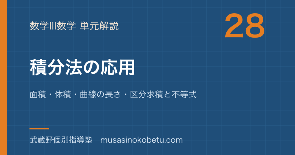 数学III積分法の応用を図解で総まとめ面積体積曲線の長さ区分求積と不等式のアイキャッチ | 武蔵野個別指導塾 【数学III】積分法の応用を図解で総まとめ—面積・体積・曲線の長さ・区分求積と不等式のアイキャッチ 武蔵野個別指導塾