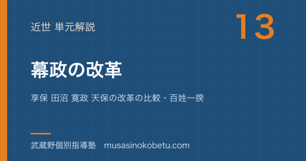 【日本史探究】幕政の改革を図解で総まとめ—享保 田沼 寛政 天保の改革の比較・百姓一揆のアイキャッチ 武蔵野個別指導塾