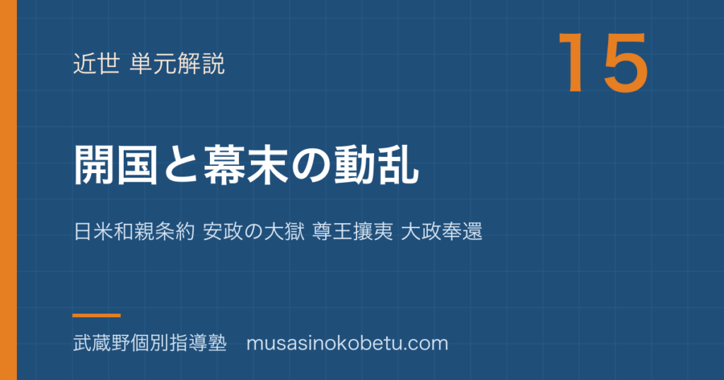 日本史探究開国と幕末の動乱を図解で総まとめ日米和親条約 安政の大獄 尊王攘夷 大政奉還のアイキャッチ | 武蔵野個別指導塾 【日本史探究】開国と幕末の動乱を図解で総まとめ—日米和親条約 安政の大獄 尊王攘夷 大政奉還のアイキャッチ 武蔵野個別指導塾