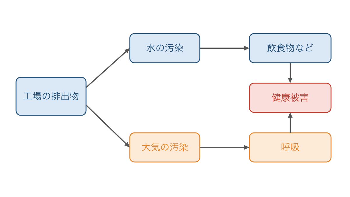 図3 工場からの排出物が水と大気を通じて被害に至る経路