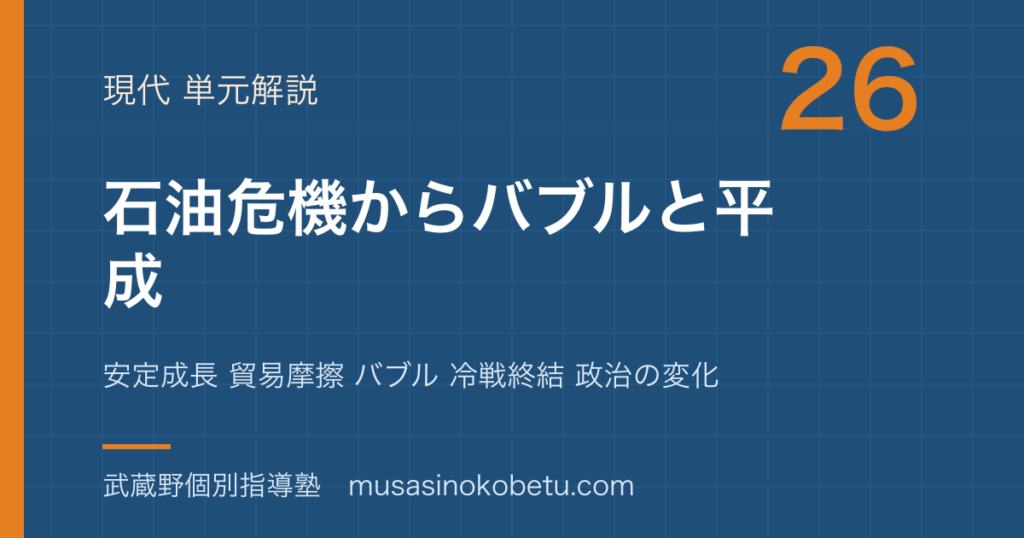 日本史探究石油危機からバブルと平成を図解で総まとめ安定成長 貿易摩擦 バブル 冷戦終結 政治の変化のアイキャッチ | 武蔵野個別指導塾 【日本史探究】石油危機からバブルと平成を図解で総まとめ—安定成長 貿易摩擦 バブル 冷戦終結 政治の変化のアイキャッチ 武蔵野個別指導塾