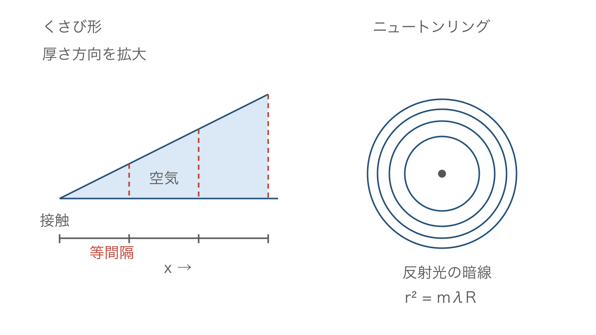 図3　くさび形の等間隔の暗線と半径が詰まるニュートンリング