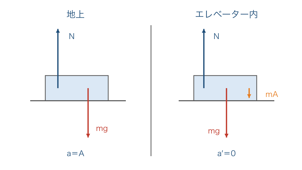 図2 上向きに加速する床上の荷物を二つの立場で見る力の図