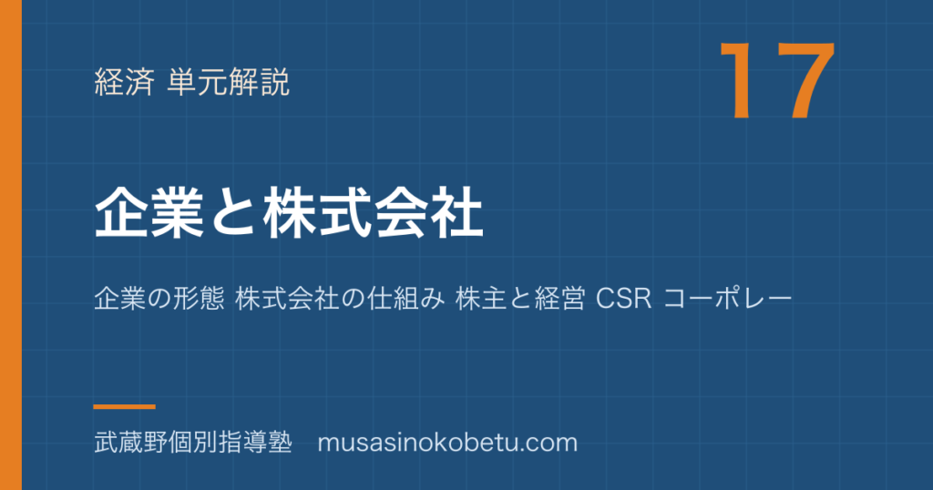 政治経済企業と株式会社を図解で総まとめ企業の形態 株式会社の仕組み 株主と経営 CSR コーポレートガバナンスのアイキャッチ | 武蔵野個別指導塾 【政治経済】企業と株式会社を図解で総まとめ—企業の形態 株式会社の仕組み 株主と経営 CSR コーポレートガバナンスのアイキャッチ 武蔵野個別指導塾