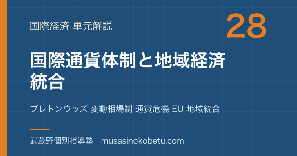政治経済国際通貨体制と地域経済統合を図解で総まとめブレトンウッズ 変動相場制 通貨危機 EU 地域統合のアイキャッチ | 武蔵野個別指導塾 【政治経済】国際通貨体制と地域経済統合を図解で総まとめ—ブレトンウッズ 変動相場制 通貨危機 EU 地域統合のアイキャッチ 武蔵野個別指導塾