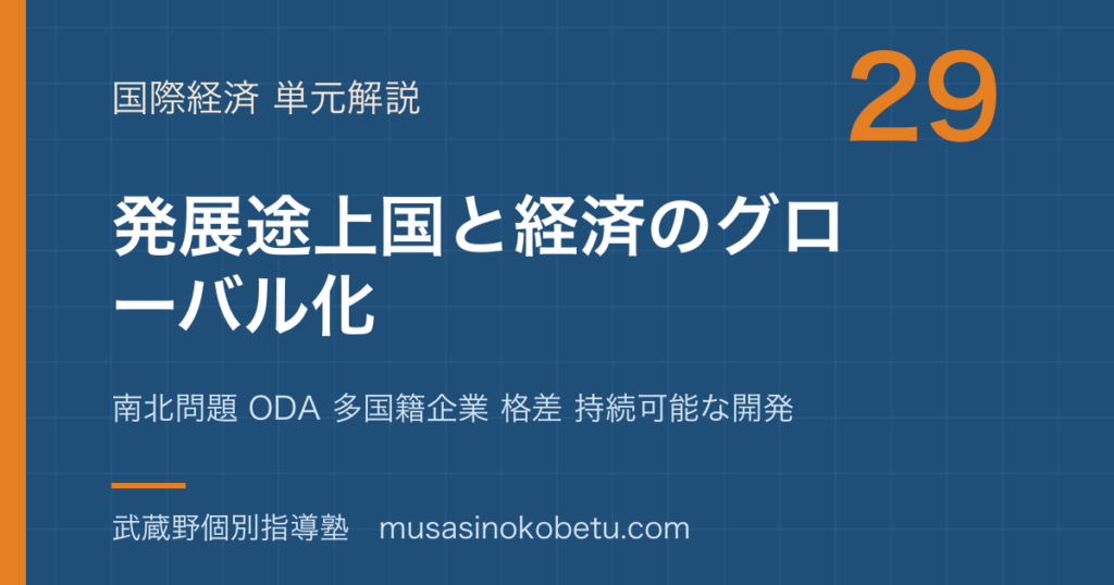 【政治経済】発展途上国と経済のグローバル化を図解で総まとめ—南北問題 ODA 多国籍企業 格差 持続可能な開発のアイキャッチ 武蔵野個別指導塾