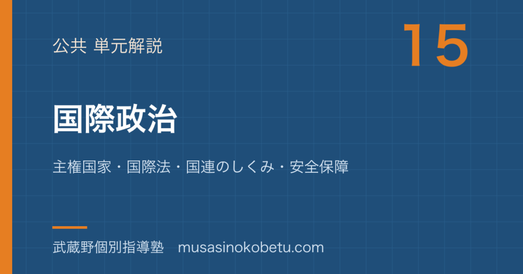 公共国際政治を図解で総まとめ主権国家国際法国連のしくみ安全保障のアイキャッチ | 武蔵野個別指導塾 【公共】国際政治を図解で総まとめ—主権国家・国際法・国連のしくみ・安全保障のアイキャッチ 武蔵野個別指導塾