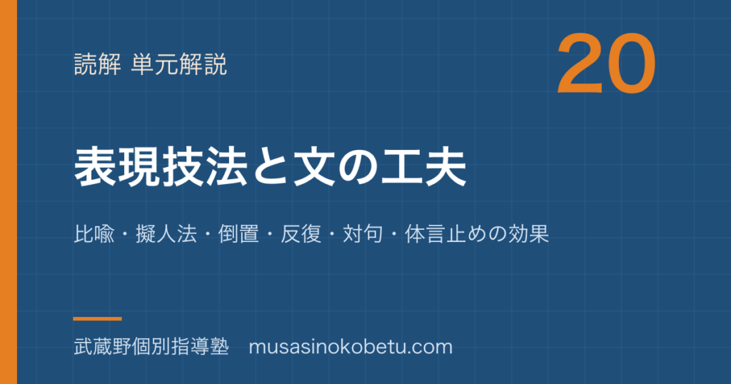 中学国語表現技法と文の工夫を図解で総まとめ比喩擬人法倒置反復対句体言止めの効果のアイキャッチ | 武蔵野個別指導塾 【中学国語】表現技法と文の工夫を図解で総まとめ—比喩・擬人法・倒置・反復・対句・体言止めの効果のアイキャッチ 武蔵野個別指導塾