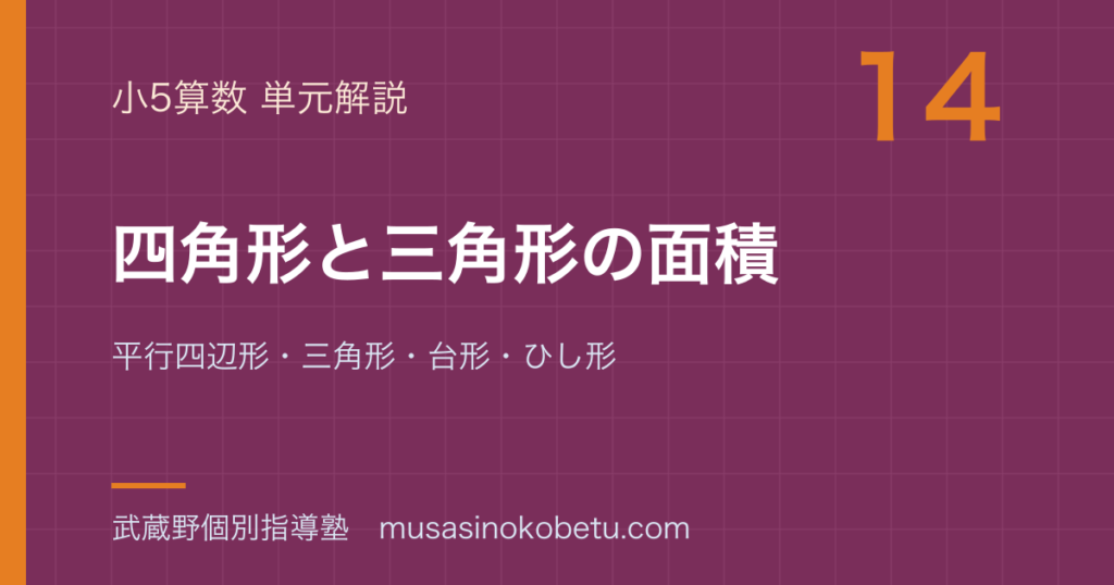 小5算数四角形と三角形の面積を図解で総まとめ平行四辺形三角形台形ひし形のアイキャッチ | 武蔵野個別指導塾 【小5算数】四角形と三角形の面積を図解で総まとめ—平行四辺形・三角形・台形・ひし形のアイキャッチ 武蔵野個別指導塾
