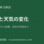 中2理科気象と天気の変化を図解で総まとめ湿度の計算から前線日本の天気までのアイキャッチ | 武蔵野個別指導塾 【中2理科】気象と天気の変化を図解で総まとめ—湿度の計算から前線・日本の天気までのアイキャッチ 武蔵野個別指導塾
