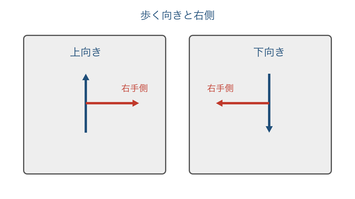 図3 上向きと下向きで歩く人の右側が逆になる比較図