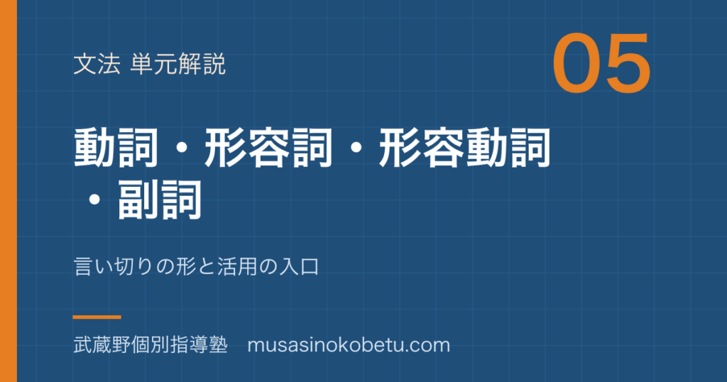 小学国語 文法動詞形容詞形容動詞副詞を図解で総まとめ言い切りの形と活用の入口のアイキャッチ | 武蔵野個別指導塾 【小学国語 文法】動詞・形容詞・形容動詞・副詞を図解で総まとめ—言い切りの形と活用の入口のアイキャッチ 武蔵野個別指導塾