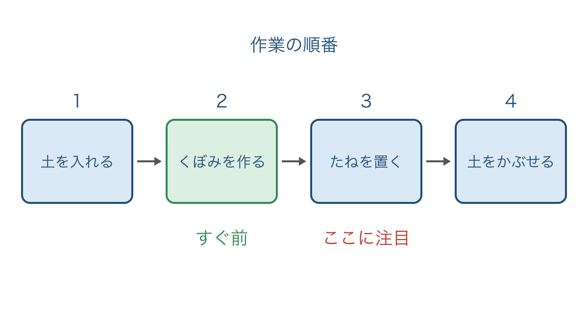 図2 種をまく説明文の作業を左から順に並べた図