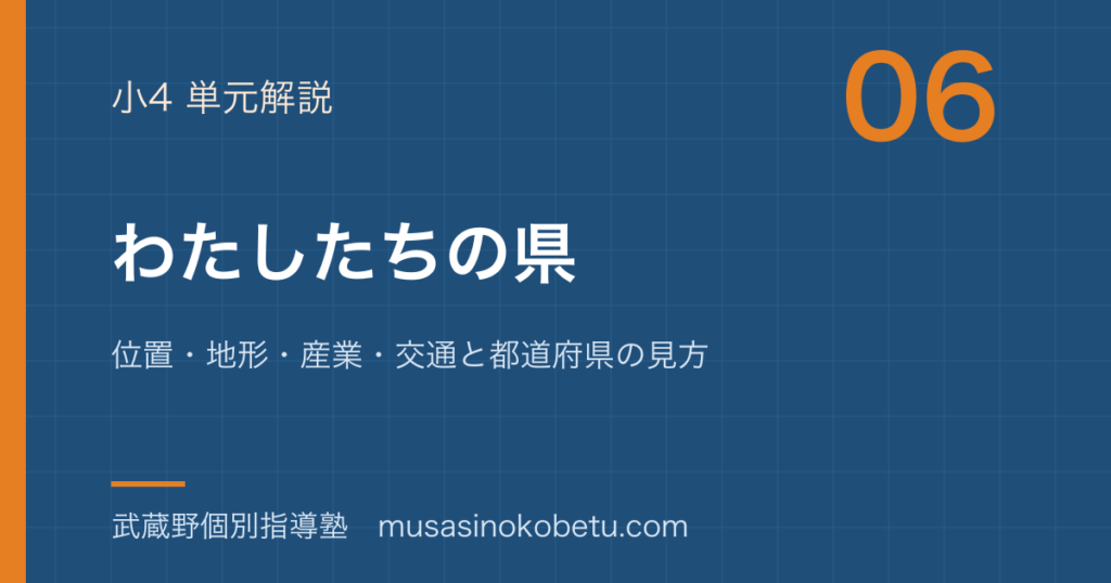小4社会わたしたちの県を図解で総まとめ位置地形産業交通と都道府県の見方のアイキャッチ | 武蔵野個別指導塾 【小4社会】わたしたちの県を図解で総まとめ—位置・地形・産業・交通と都道府県の見方のアイキャッチ 武蔵野個別指導塾
