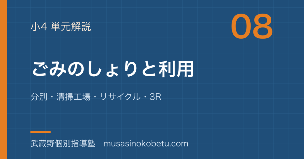 小4社会ごみのしょりと利用を図解で総まとめ分別清掃工場リサイクル3Rのアイキャッチ | 武蔵野個別指導塾 【小4社会】ごみのしょりと利用を図解で総まとめ—分別・清掃工場・リサイクル・3Rのアイキャッチ 武蔵野個別指導塾