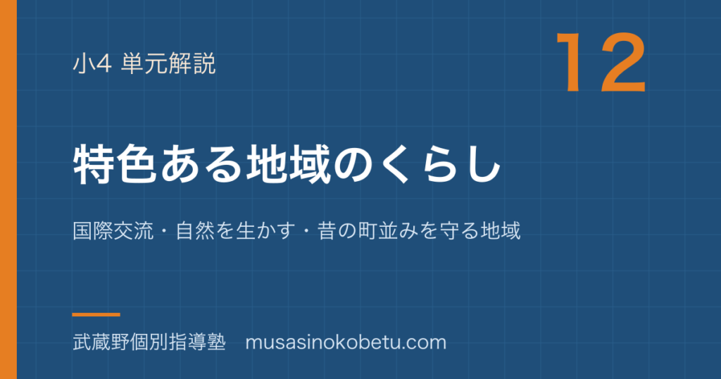 小4社会特色ある地域のくらしを図解で総まとめ国際交流自然を生かす昔の町並みを守る地域のアイキャッチ | 武蔵野個別指導塾 【小4社会】特色ある地域のくらしを図解で総まとめ—国際交流・自然を生かす・昔の町並みを守る地域のアイキャッチ 武蔵野個別指導塾