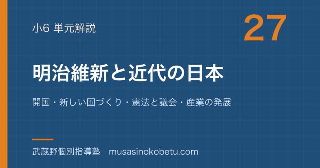 小6社会明治維新と近代の日本を図解で総まとめ開国新しい国づくり憲法と議会産業の発展のアイキャッチ | 武蔵野個別指導塾 【小6社会】明治維新と近代の日本を図解で総まとめ—開国・新しい国づくり・憲法と議会・産業の発展のアイキャッチ 武蔵野個別指導塾