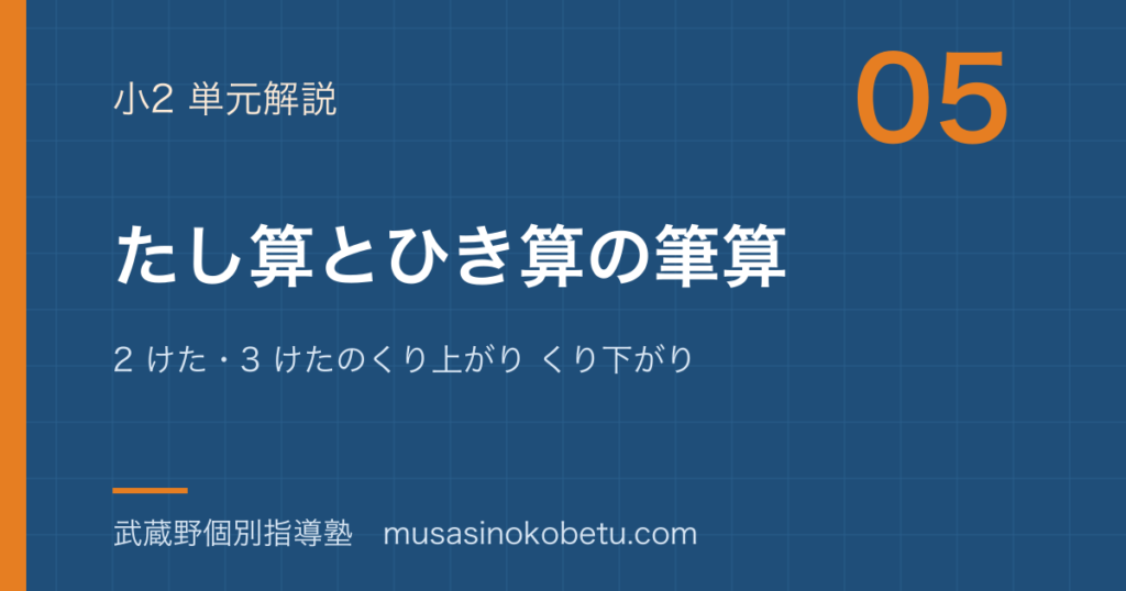 小2算数たし算とひき算の筆算を図解で総まとめ2 けた3 けたのくり上がり くり下がりのアイキャッチ | 武蔵野個別指導塾 【小2算数】たし算とひき算の筆算を図解で総まとめ—2 けた・3 けたのくり上がり くり下がりのアイキャッチ 武蔵野個別指導塾