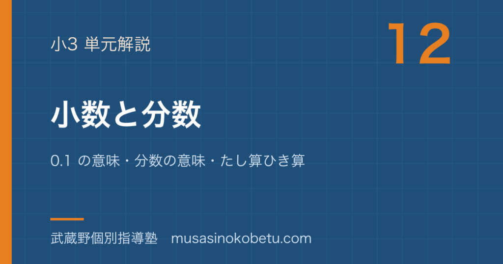 小3算数小数と分数を図解で総まとめ01 の意味分数の意味たし算ひき算のアイキャッチ | 武蔵野個別指導塾 【小3算数】小数と分数を図解で総まとめ—0.1 の意味・分数の意味・たし算ひき算のアイキャッチ 武蔵野個別指導塾