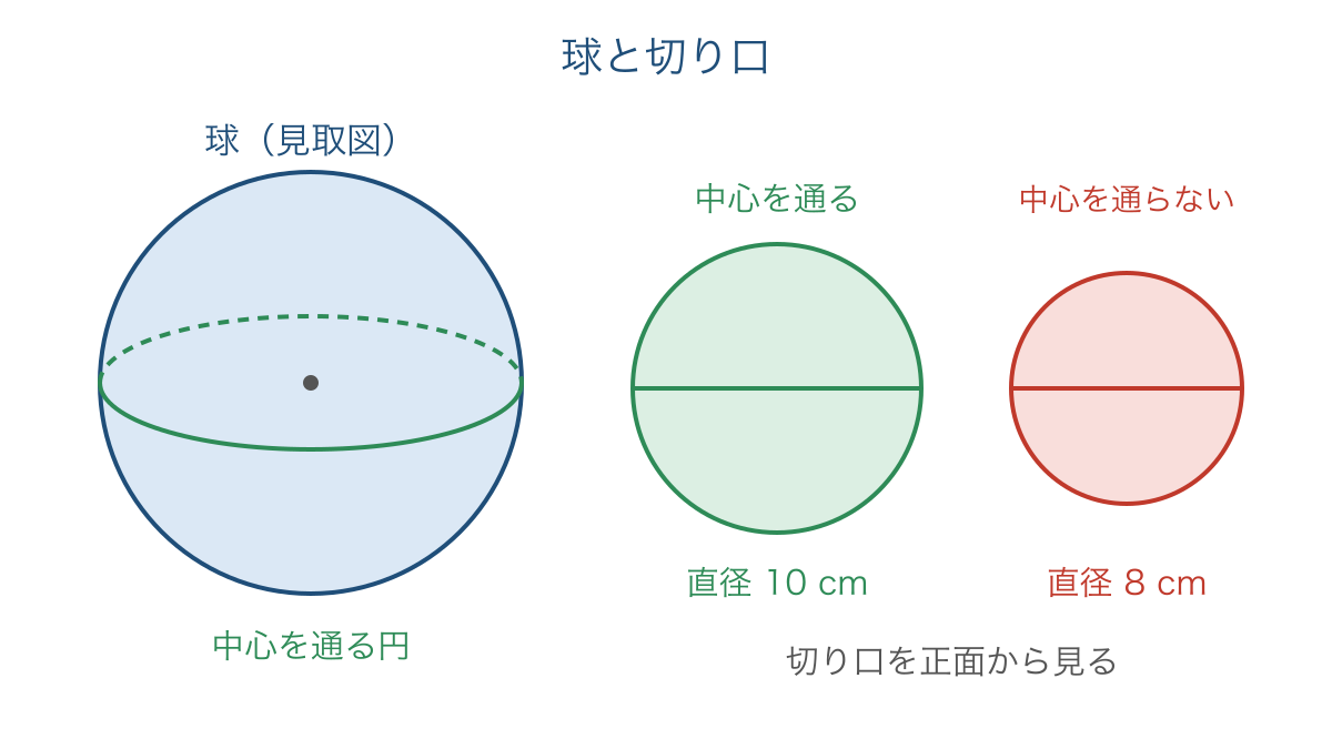 図3 球の見取図と中心を通る切り口の円の大きさの比較