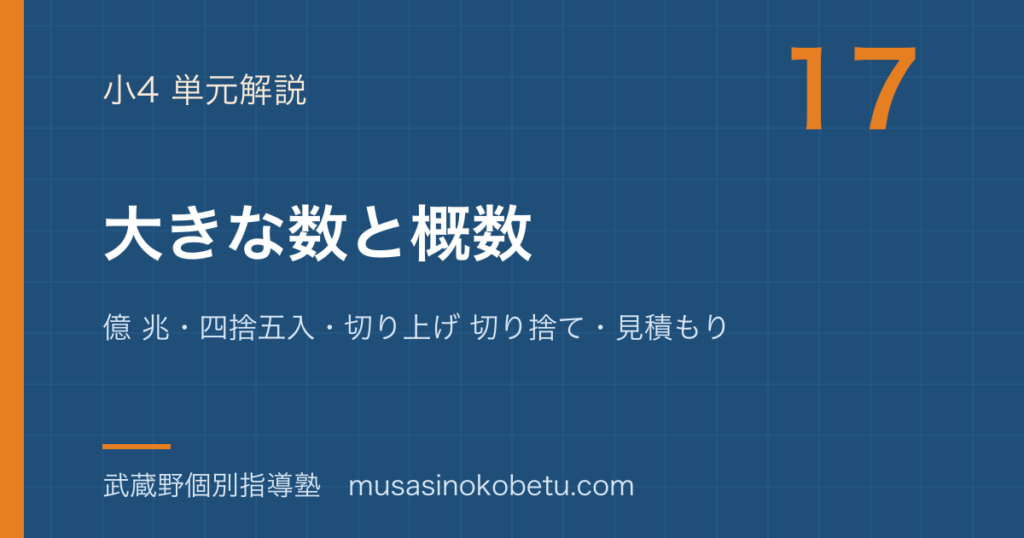 小4算数大きな数と概数を図解で総まとめ億 兆四捨五入切り上げ 切り捨て見積もりのアイキャッチ | 武蔵野個別指導塾 【小4算数】大きな数と概数を図解で総まとめ—億 兆・四捨五入・切り上げ 切り捨て・見積もりのアイキャッチ 武蔵野個別指導塾