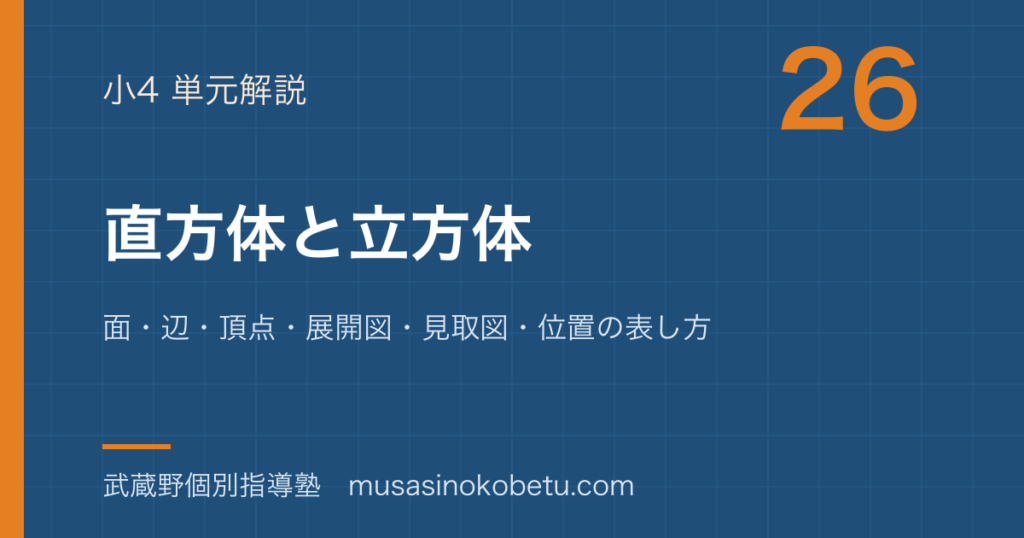小4算数直方体と立方体を図解で総まとめ面辺頂点展開図見取図位置の表し方のアイキャッチ | 武蔵野個別指導塾 【小4算数】直方体と立方体を図解で総まとめ—面・辺・頂点・展開図・見取図・位置の表し方のアイキャッチ 武蔵野個別指導塾