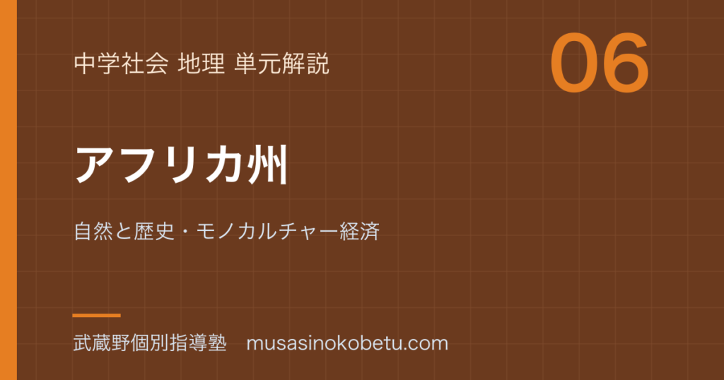中学地理アフリカ州を図解で総まとめ自然と歴史モノカルチャー経済のアイキャッチ | 武蔵野個別指導塾 【中学地理】アフリカ州を図解で総まとめ—自然と歴史・モノカルチャー経済のアイキャッチ 武蔵野個別指導塾