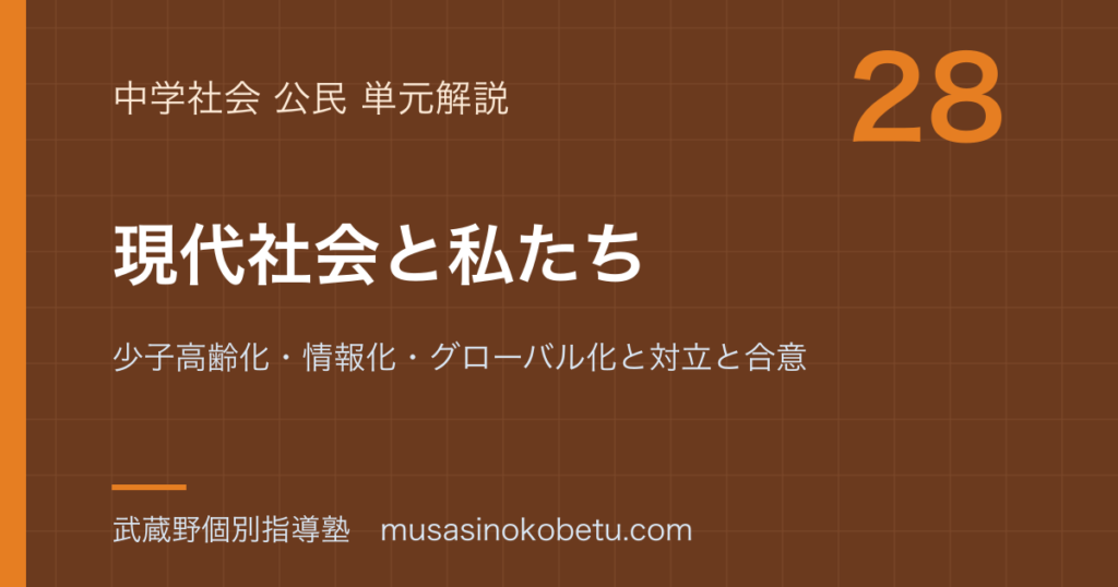 中学公民現代社会と私たちを図解で総まとめ少子高齢化情報化グローバル化と対立と合意のアイキャッチ | 武蔵野個別指導塾 【中学公民】現代社会と私たちを図解で総まとめ—少子高齢化・情報化・グローバル化と対立と合意のアイキャッチ 武蔵野個別指導塾
